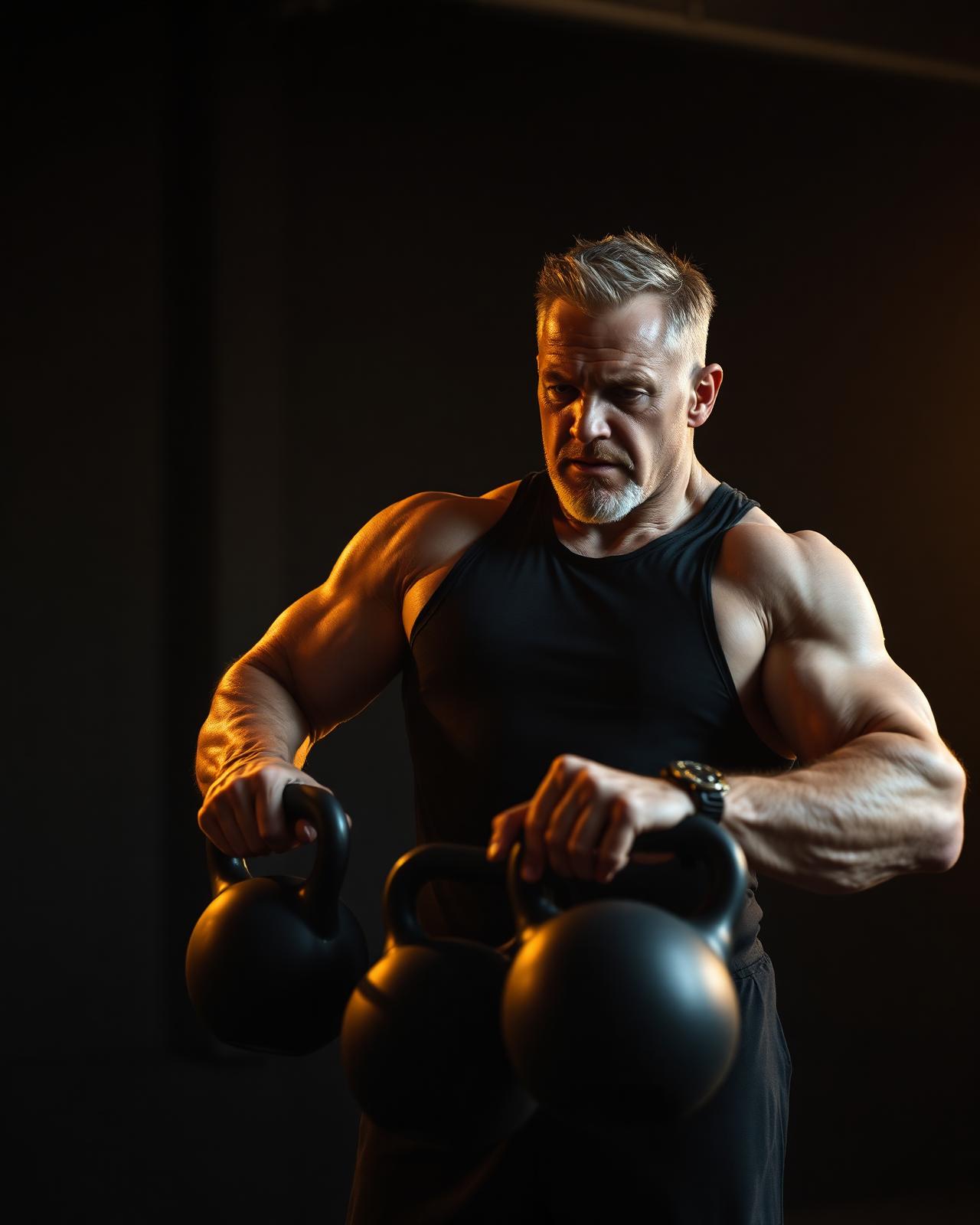 Man training with kettlebells