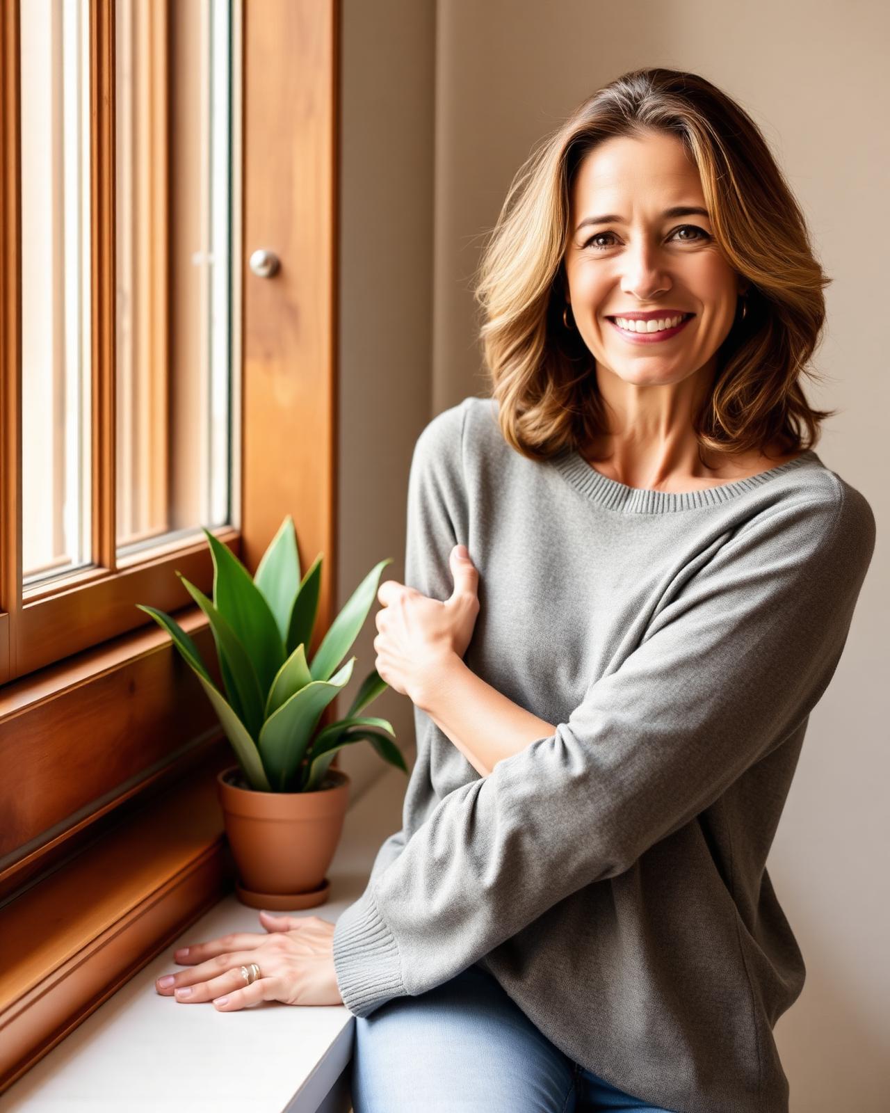 Woman in her 40s by a window